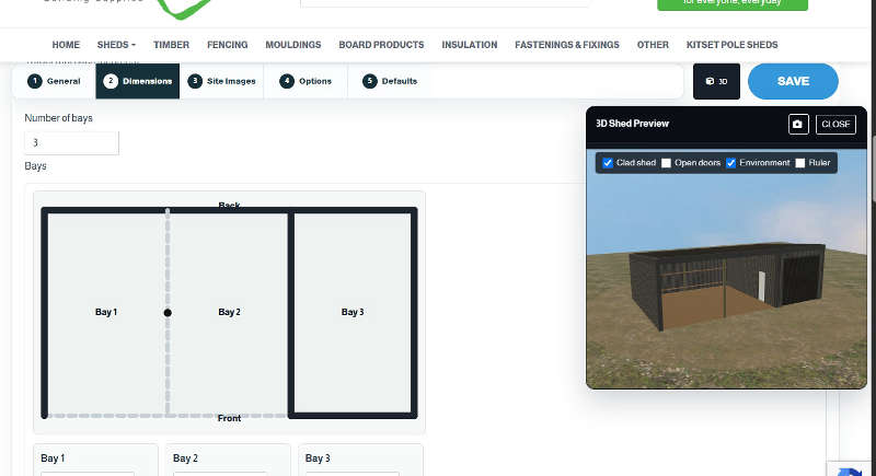 Screenshot of BaierGroup pole shed designer and 3D visualization tool