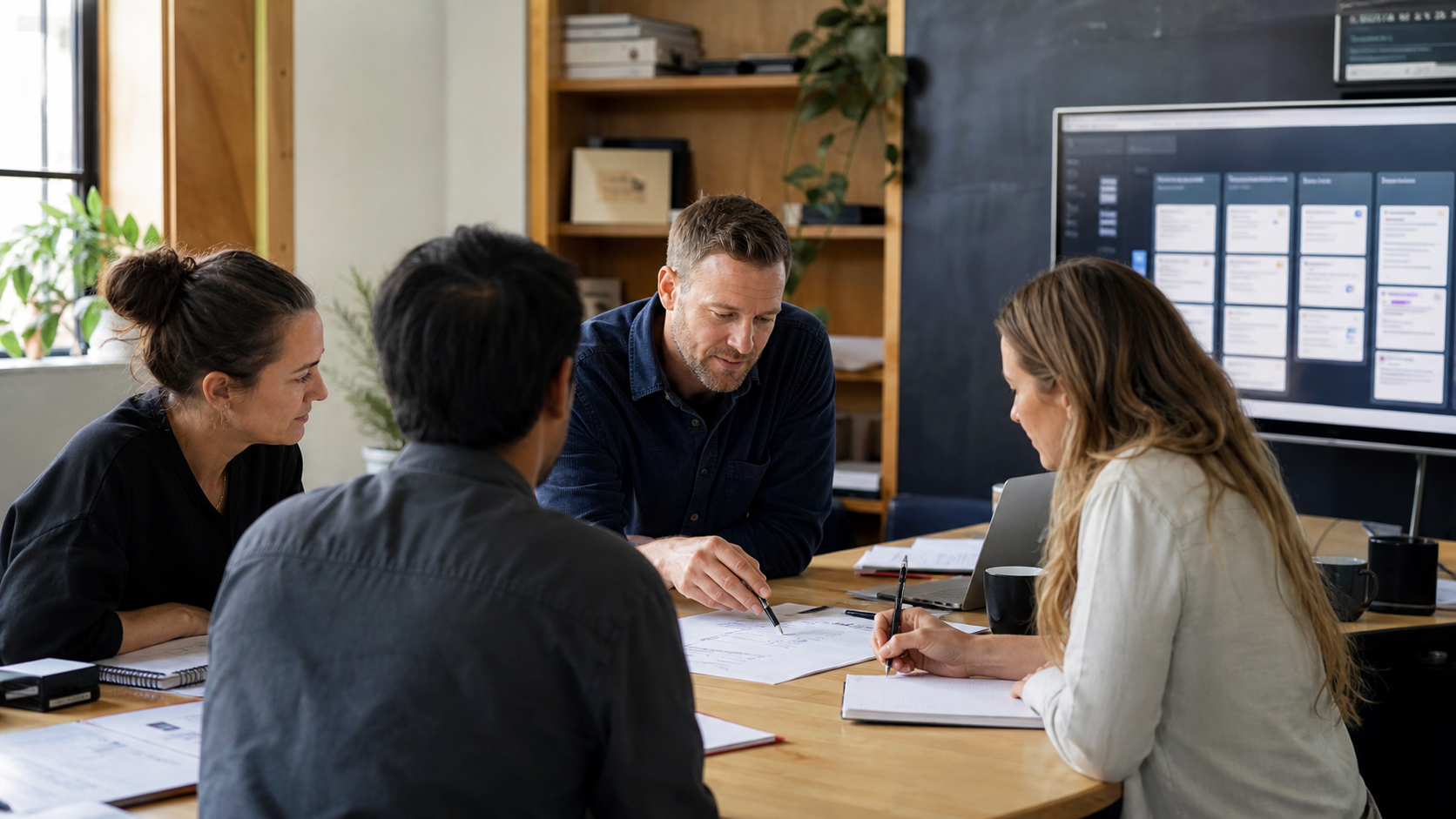 New Zealand small-business team reviewing operational information together
