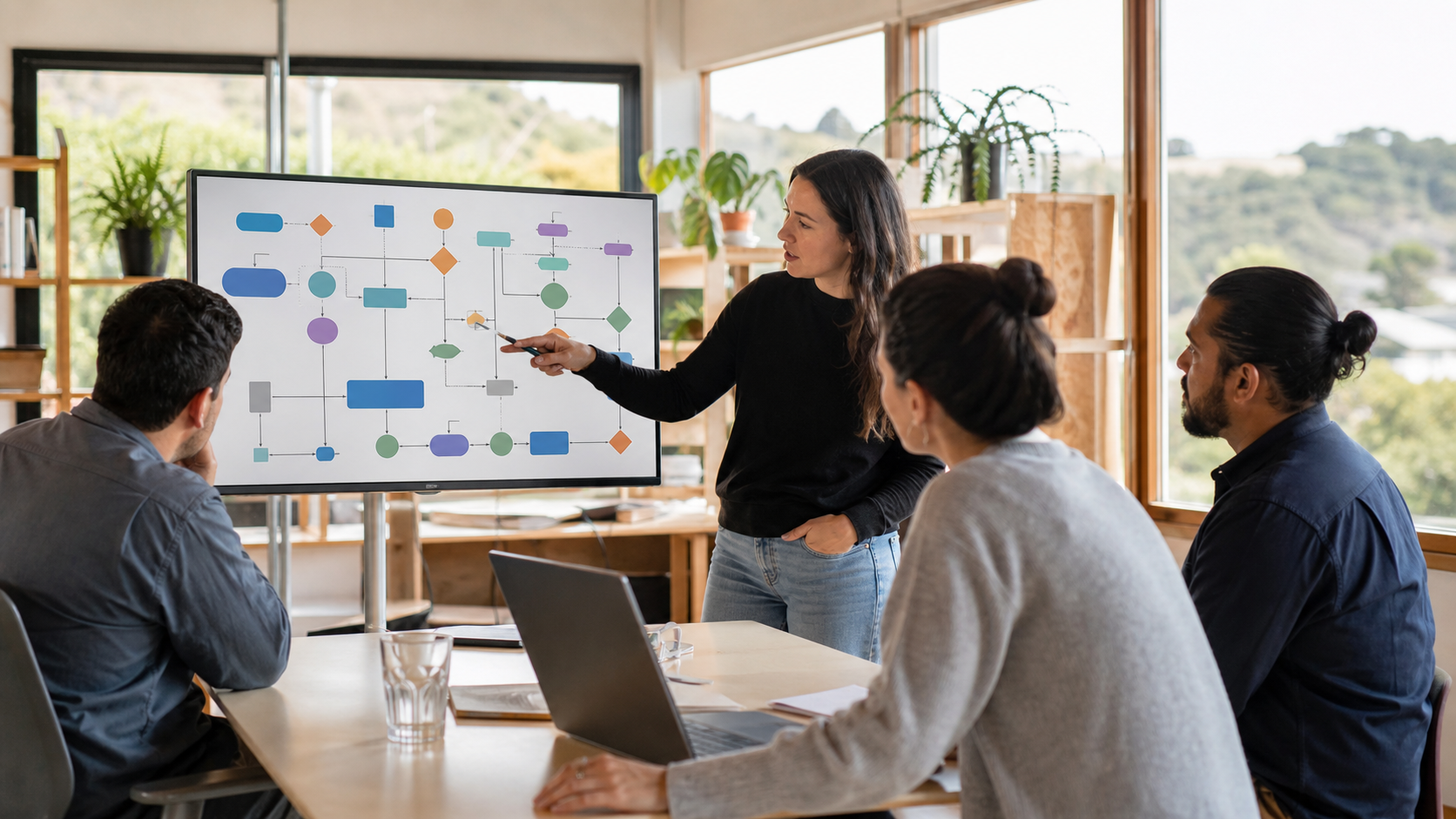 New Zealand business team discussing an operational workflow on a large screen