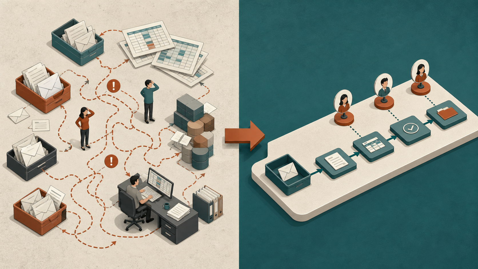 Before-and-after workflow showing messy hand-offs becoming a controlled process with human approvals