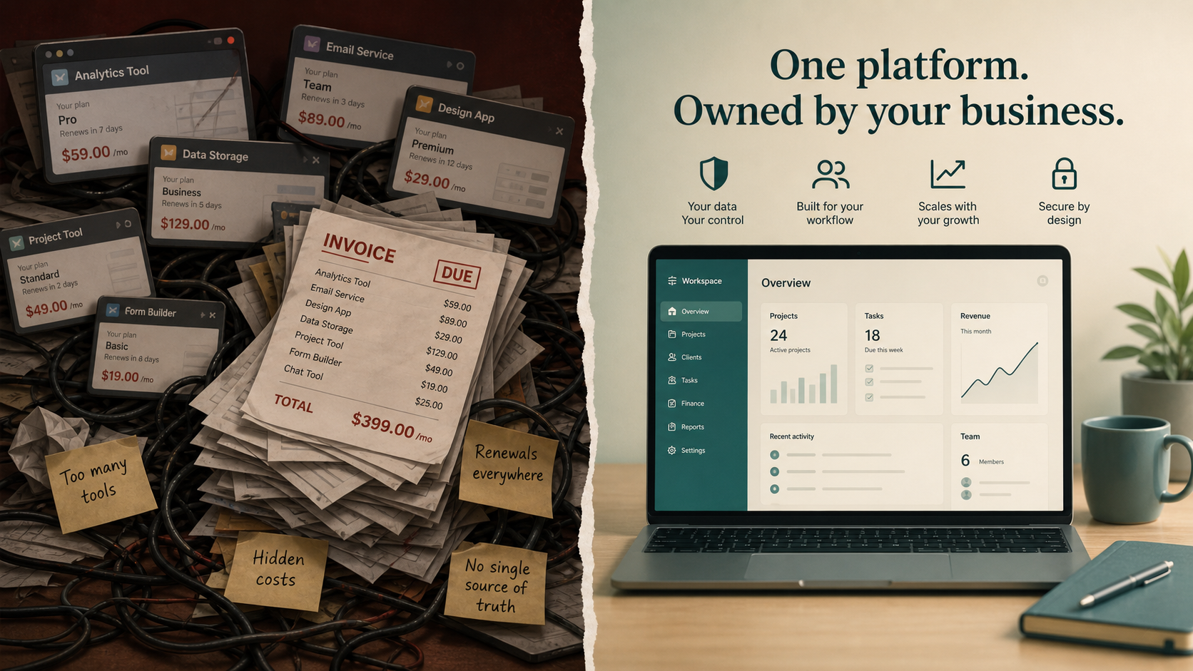 Tangled software subscriptions compared with one focused business-owned platform