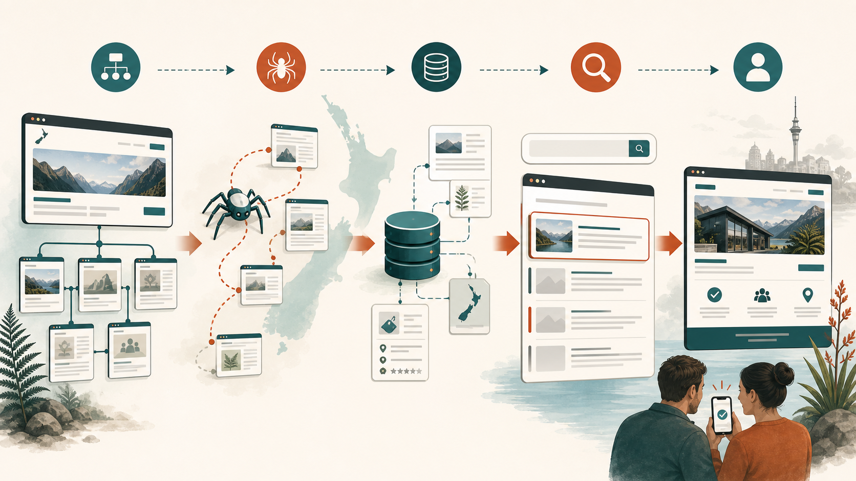 Diagram showing a search engine discovering and presenting a New Zealand business website