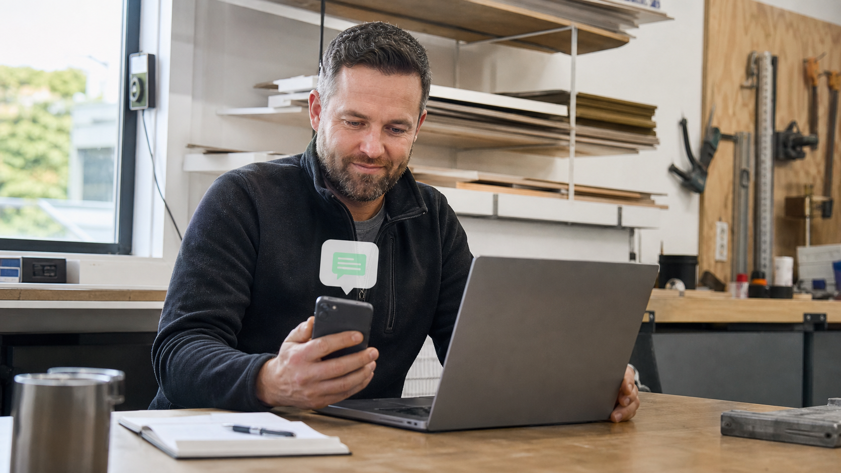 New Zealand service-business owner receiving a website enquiry in a practical workshop office