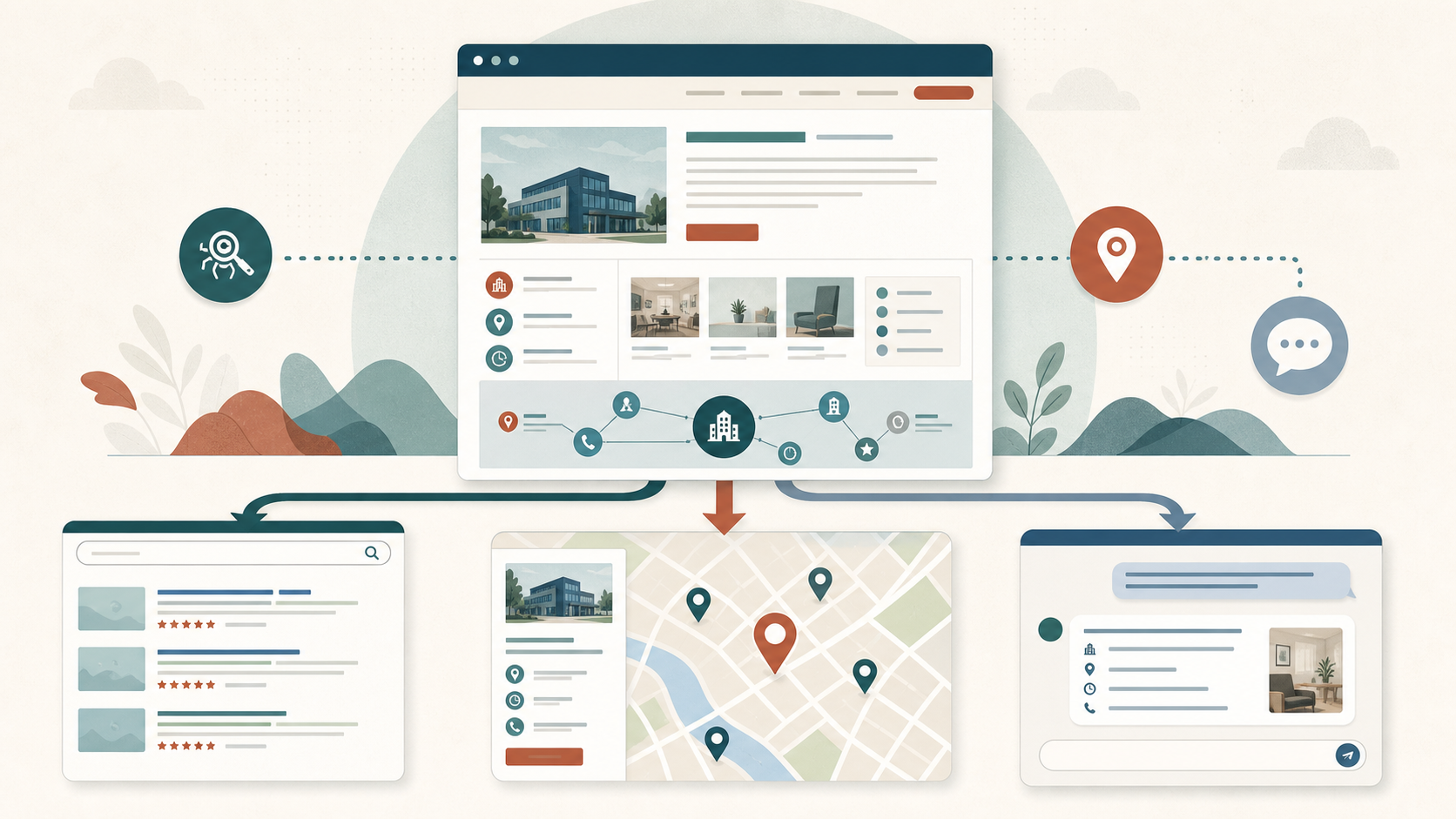 Structured business website connecting to search results, map discovery and conversational answers